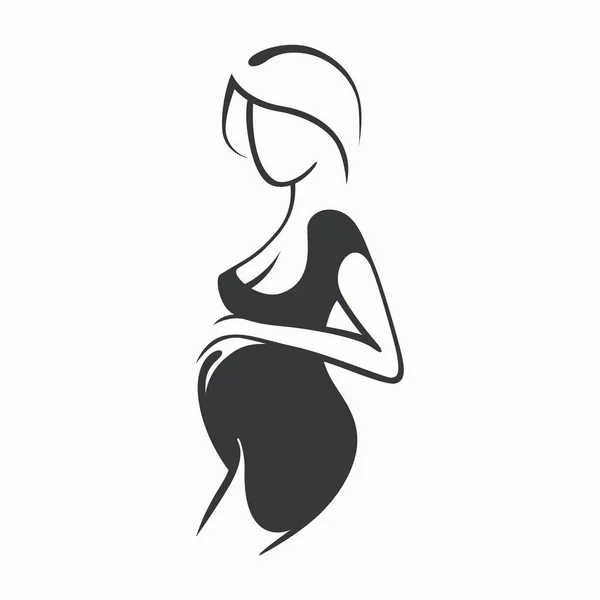 Dibujo lineal hermosa embarazada con ropa oscura. Nacimiento de un niño. Ilustración gráfica vectorial, dibuje silueta en blanco y negro para el diseño . — Archivo Imágenes Vectoriales