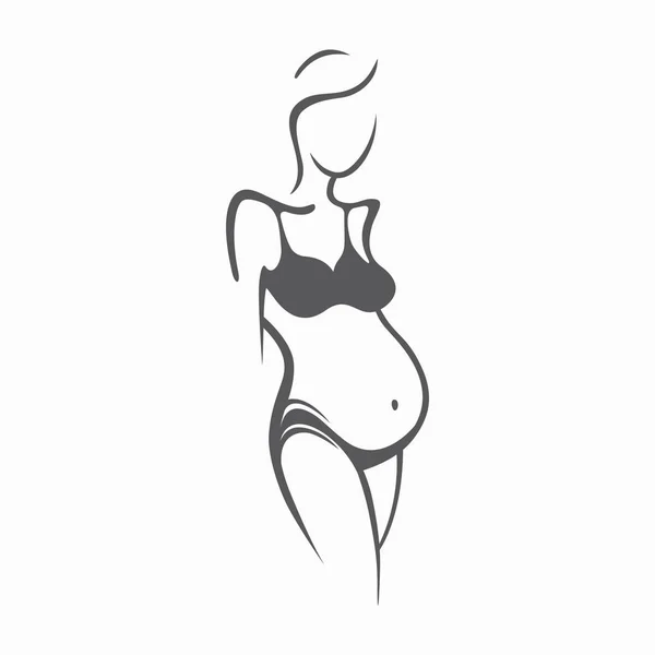 Disegno lineare bella ragazza incinta in abiti scuri. Nascita di un bambino. Illustrazione grafica vettoriale, disegnare silhouette in bianco e nero per il design . — Vettoriale Stock