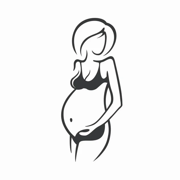 Dessin linéaire belle fille enceinte en vêtements sombres. Naissance d'un enfant. Illustration graphique vectorielle, dessin silhouette noir et blanc pour le design . — Image vectorielle