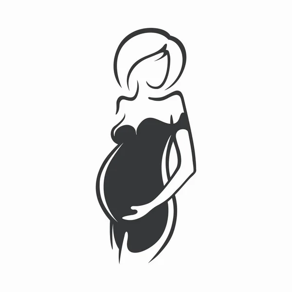 Dibujo lineal hermosa embarazada con ropa oscura. Nacimiento de un niño. Ilustración gráfica vectorial, dibuje silueta en blanco y negro para el diseño . — Vector de stock