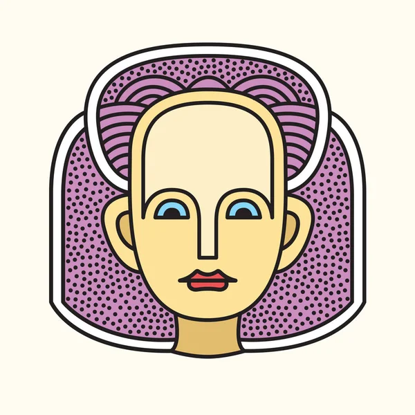 Porträtt av en kvinna med lila hår. Ansiktet framifrån. Eleganta avatar eleganta geometriska vit bakgrund. Festival memphis vectorial platt stil — Stock vektor