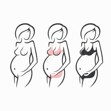 Doğrusal güzel hamile kız karanlık, pembe, giyim, çıplak figür çizim seti. Bir çocuğun doğumu. Vektör grafik illüstrasyon, beraberlik siluetleri tasarımı için