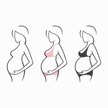 Doğrusal güzel hamile kız karanlık, pembe, giyim, çıplak figür çizim seti. Bir çocuğun doğumu. Vektör grafik illüstrasyon, beraberlik siluetleri tasarımı için