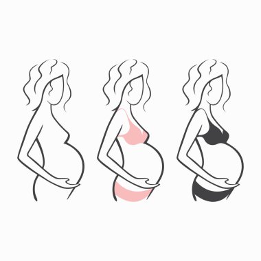 Doğrusal güzel hamile kız karanlık, pembe, giyim, çıplak figür çizim seti. Bir çocuğun doğumu. Vektör grafik illüstrasyon, beraberlik siluetleri tasarımı için