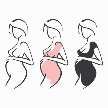 Doğrusal güzel hamile kız karanlık, pembe, giyim, çıplak figür çizim seti. Bir çocuğun doğumu. Vektör grafik illüstrasyon, beraberlik siluetleri tasarımı için