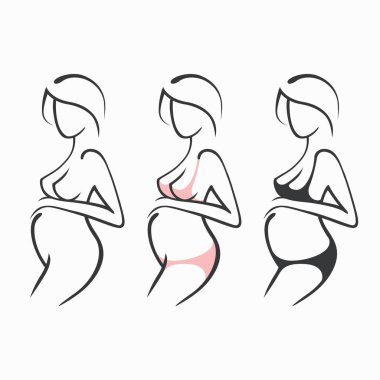 Doğrusal güzel hamile kız karanlık, pembe, giyim, çıplak figür çizim seti. Bir çocuğun doğumu. Vektör grafik illüstrasyon, beraberlik siluetleri tasarımı için