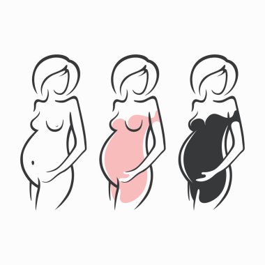 Doğrusal güzel hamile kız karanlık, pembe, giyim, çıplak figür çizim seti. Bir çocuğun doğumu. Vektör grafik illüstrasyon, beraberlik siluetleri tasarımı için