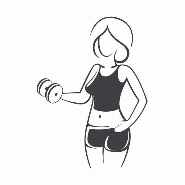 Sportlich fitte Frau im Fitnessstudio. Bild einer schönen sexy Mädchen mit Hanteln in ihren Händen. Vektorillustration einer grafischen Silhouette — Stockvektor