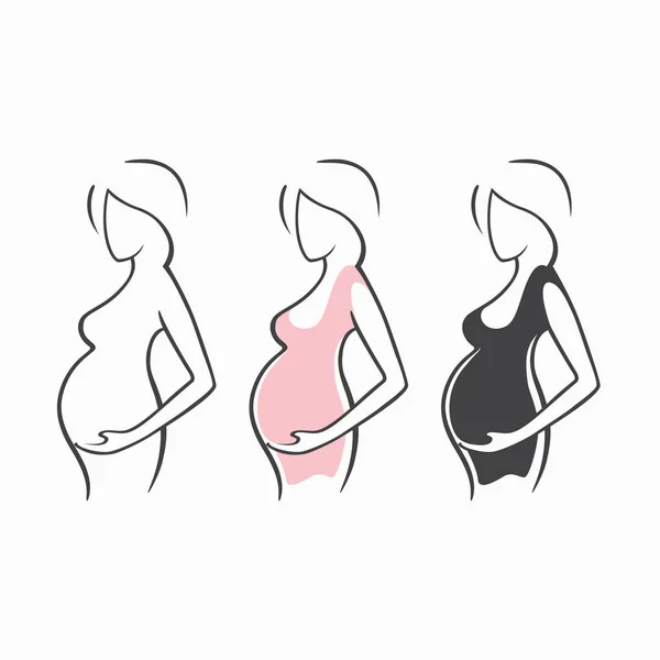 Conjunto de dibujo lineal hermosa embarazada en oscuro, rosa, ropa, figura desnuda. Nacimiento de un niño. Ilustración gráfica vectorial, siluetas de dibujo para diseño — Archivo Imágenes Vectoriales