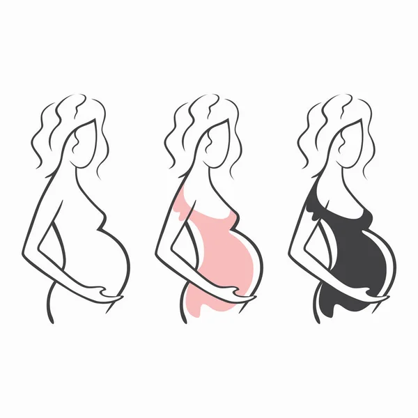 Ensemble de dessin linéaire belle fille enceinte dans l'obscurité, rose, vêtements, figure nue. Naissance d'un enfant. Illustration graphique vectorielle, dessiner des silhouettes pour le design — Image vectorielle