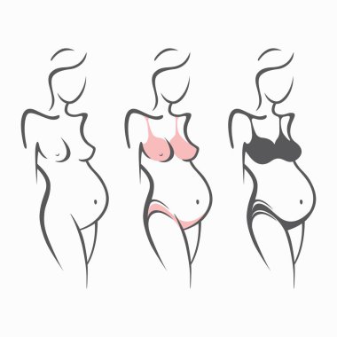 Doğrusal güzel hamile kız karanlık, pembe, giyim, çıplak figür çizim seti. Bir çocuğun doğumu. Vektör grafik illüstrasyon, beraberlik siluetleri tasarımı için