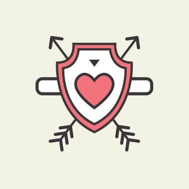 Sevgililer günü için dekoratif simgesi. Grafik romantik elemanı kalp ve askeri bir kalkan üzerindeki oku. Logo aşk vektör çizim