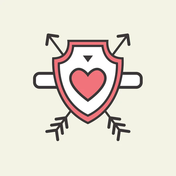 Icono decorativo para el Día de San Valentín. Elemento gráfico romántico Corazón y flecha en un escudo militar. Logo amor vector ilustración — Vector de stock