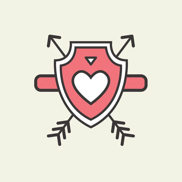 Icono decorativo para el Día de San Valentín. Elemento gráfico romántico Corazón y flecha en un escudo militar. Logo amor vector ilustración — Vector de stock