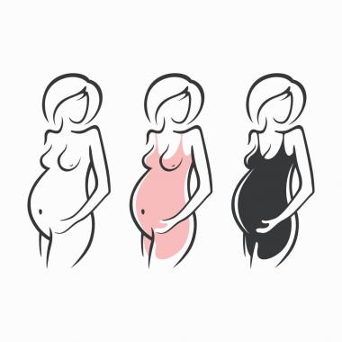 Doğrusal güzel hamile kız karanlık, pembe, giyim, çıplak figür çizim seti. Bir çocuğun doğumu. Vektör grafik illüstrasyon, beraberlik siluetleri tasarımı için