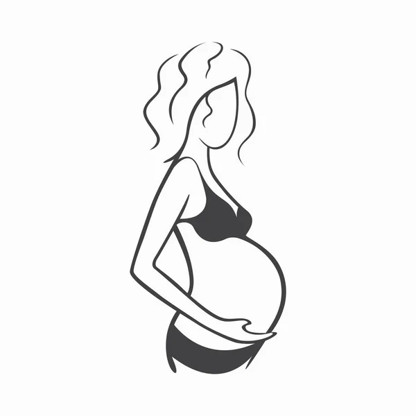 Drawing linear beautiful pregnant girl in dark clothes. Birth of a child. Vector graphic illustration, draw black and white silhouette for design. — Stock Vector