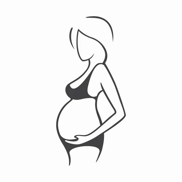 Dessin linéaire belle fille enceinte en vêtements sombres. Naissance d'un enfant. Illustration graphique vectorielle, dessin silhouette noir et blanc pour le design . — Image vectorielle