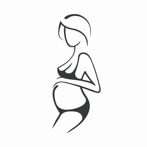 Disegno lineare bella ragazza incinta in abiti scuri. Nascita di un bambino. Illustrazione grafica vettoriale, disegnare silhouette in bianco e nero per il design . — Vettoriale Stock