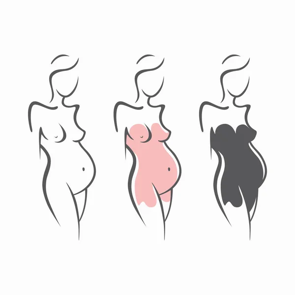 Ensemble de dessin linéaire belle fille enceinte dans l'obscurité, rose, vêtements, figure nue. Naissance d'un enfant. Illustration graphique vectorielle, dessiner des silhouettes pour le design — Image vectorielle