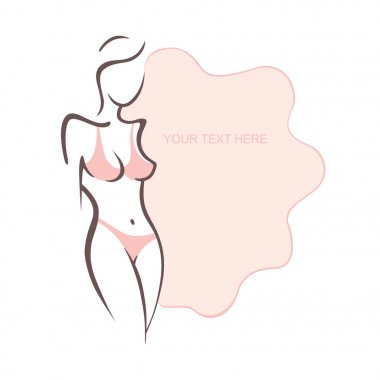Güzel seksi kız bikini. Plaj mayo, samimi iç çamaşırı, sütyen, külot. Moda ve güzellik kadın. Vektör çizim, metin için formu. El ilanı, afiş, poster tasarımı için
