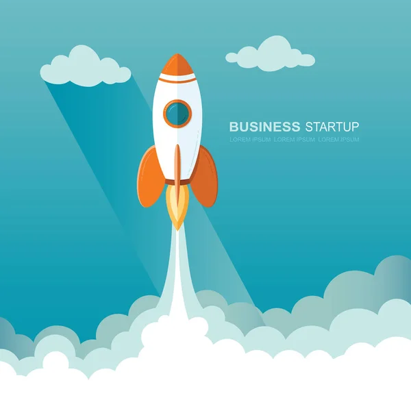 Launching a rocket into space. illustration of a business startup template.  Flat design modern vector illustration concept of new project start up development and launch a new innovation product on a — Stock Vector