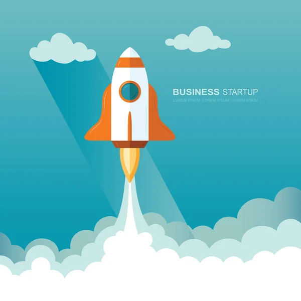 Bir roket uzaya fırlatılıyor. bir iş başlangıç şablonu Illustration. Düz tasarım modern vektör illüstrasyon kavramı geliştirme yeni proje başlangıç ve yeni bir yenilik ürün başlatırken bir