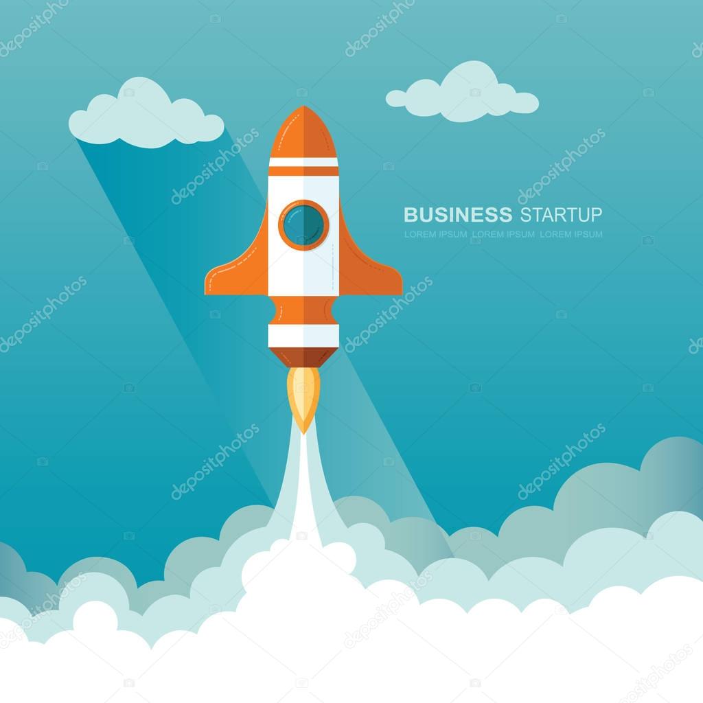 Launching a rocket into space. illustration of a business startup template.  Flat design modern vector illustration concept of new project start up development and launch a new innovation product on a