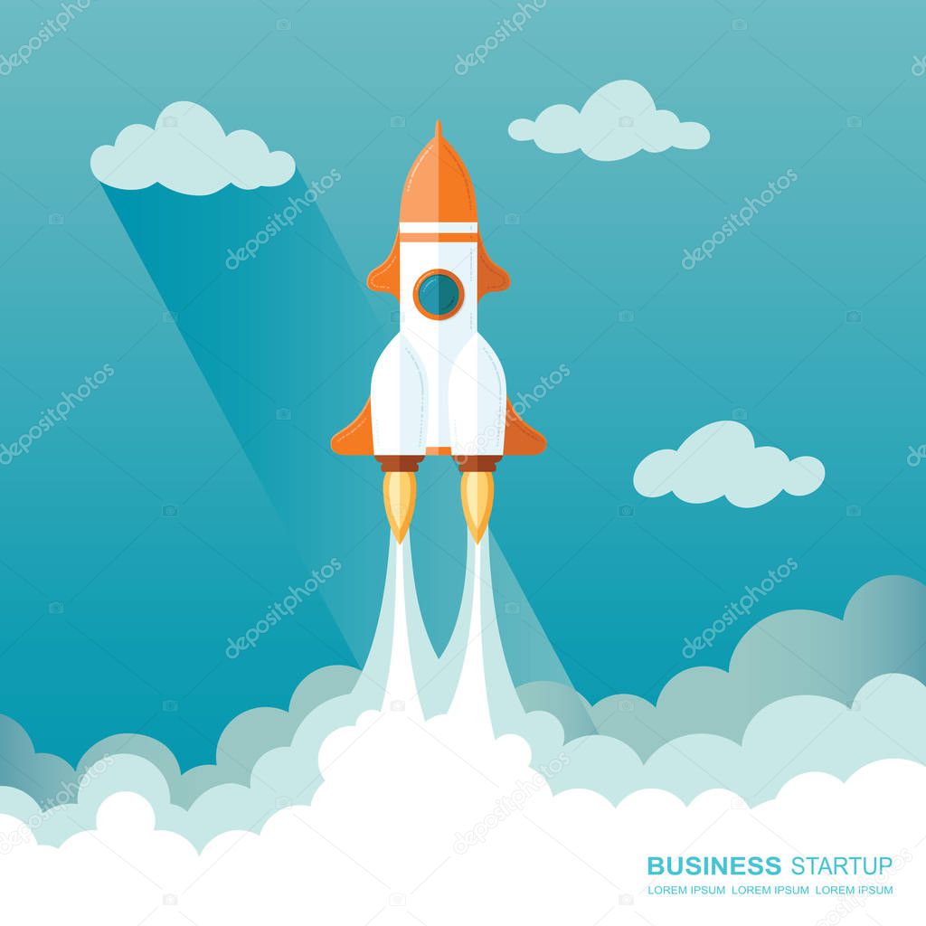 Launching a rocket into space. illustration of a business startup template.  Flat design modern vector illustration concept of new project start up development and launch a new innovation product on a