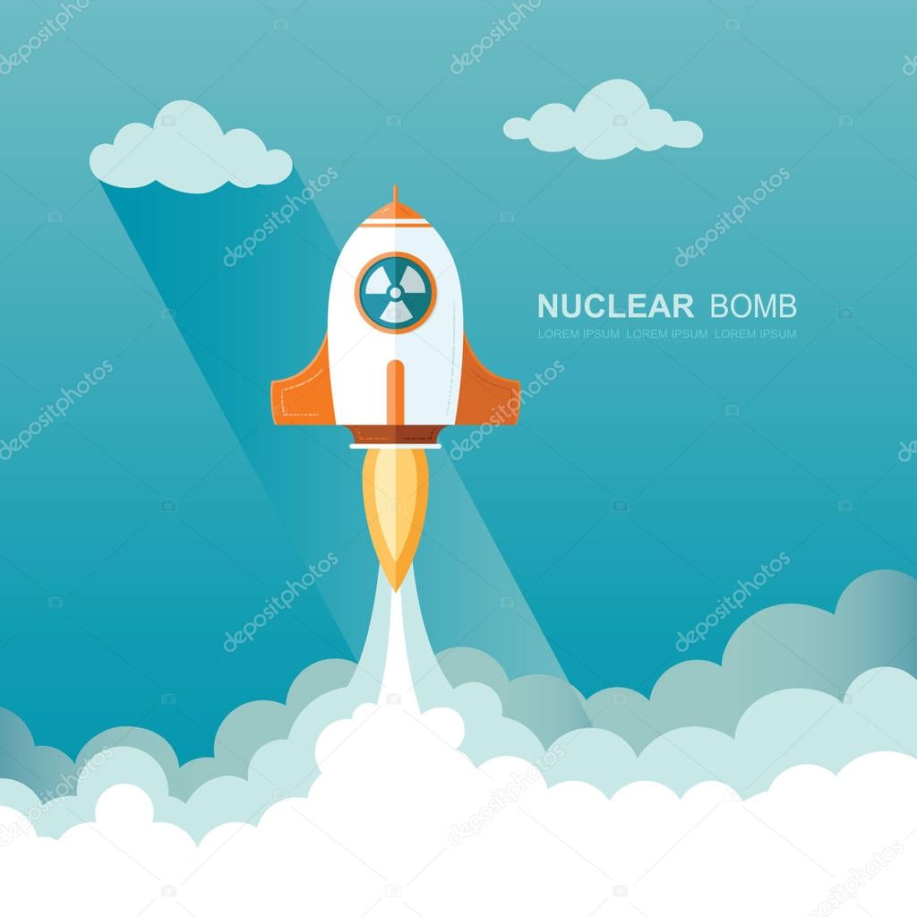 Nuclear bomb. missile launched by an attack from another country. War of action by neutron weapons. Flat vector illustration