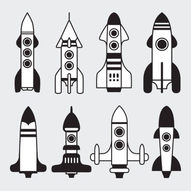 Roketler kümesi. Uzay gemisi başlamak-yukarıya. Grafik öğeleri için tasarım. Vektör Icon set. düz illüstrasyon.