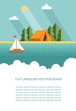 Form şablonu metin için. Yaz kampı. Manzara sarı çadır, orman. Kamp, spor, doğa, tatil ve Turizm vektör çizimi web sayfası Maceraları