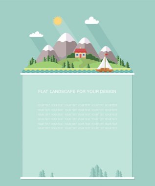 Metin için boş bırakın. Bahar, yaz manzara. Küçük şehir küçük evler ve ağaçlar, sokak yat göl kenarında. Düz vektör Infographics tasarım