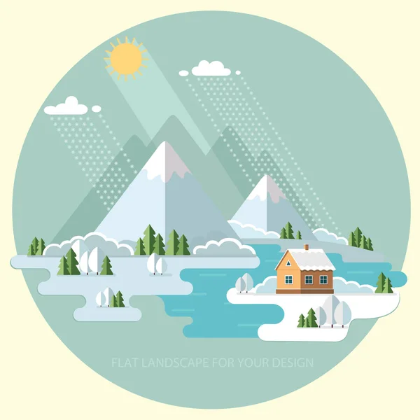 Vinterlandskap i naturen. En by med vita träd, granar, härliga hus i bakgrunden av bergen. Skriva ut tyger. Vektor platt illustration, Eps 10. — Stock vektor