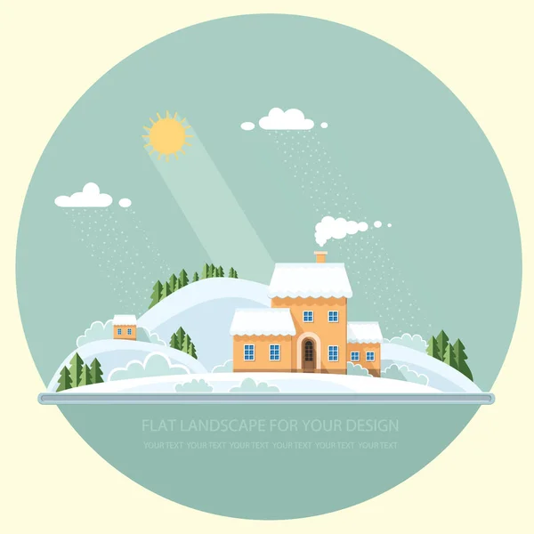 Winter landscape of nature. A village with white trees, fir trees, lovely houses in the background of mountains. Printing fabrics. Vector flat illustration, EPS 10. — Stock Vector