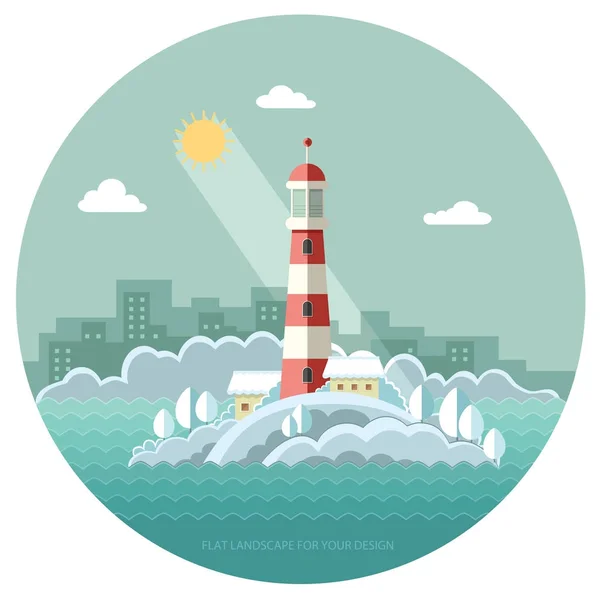 Paisaje invernal de la naturaleza. faro en el océano, mar, gran ciudad. Tejidos de impresión. Ilustración plana vectorial, EPS 10 . — Vector de stock