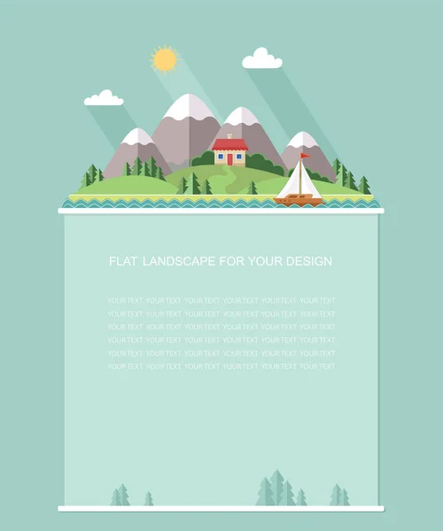 Blank for text. Spring, summer landscape. Little city street with small houses and trees, yacht on the lake. Flat vector Infographics design — Stock Vector