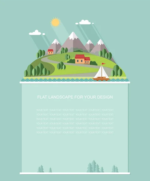 Tomt för text. Våren, sommarlandskap. Liten ort gata med små hus och träd, båt på sjön. Flat vektor Infographics design — Stock vektor