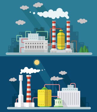 Set dijital vektör mavi fabrika kirliliği kutsal kişilerin resmi ile çizilmiş basit çizgiyi sanat bilgi grafiği, bitki, duman, çevre ve enerji öğeleri promo şablon, çevresinde ile sunum tarzı illüstrasyon düz