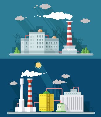 Set dijital vektör mavi fabrika kirliliği kutsal kişilerin resmi ile çizilmiş basit çizgiyi sanat bilgi grafiği, bitki, duman, çevre ve enerji öğeleri promo şablon, çevresinde ile sunum tarzı illüstrasyon düz