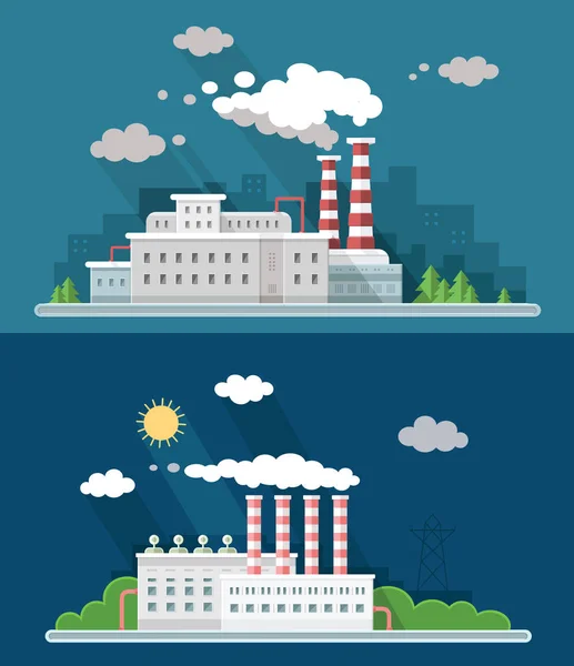 Definir vetor digital ícones de poluição da fábrica azul com desenhado linha simples arte info gráfico, apresentação com planta, fumaça, ambiente e elementos de energia em torno de modelo promocional, ilustração estilo plano —  Vetores de Stock