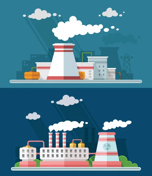 Set vector azul fábrica contaminación iconos dibujado línea simple arte info gráfico, presentación con central nuclear, humo, medio ambiente y elementos energéticos alrededor de plantilla de promoción, ilustración de estilo plano — Vector de stock