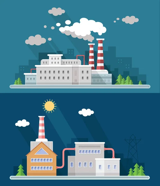 Definir vetor digital ícones de poluição da fábrica azul com desenhado linha simples arte info gráfico, apresentação com planta, fumaça, ambiente e elementos de energia em torno de modelo promocional, ilustração estilo plano — Vetor de Stock