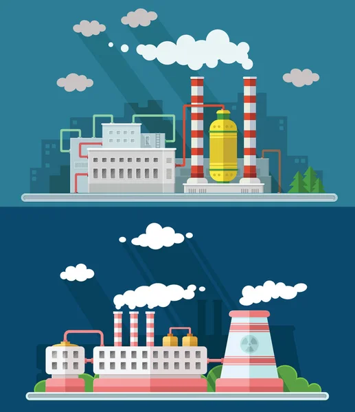 Definir vetor azul ícones de poluição da fábrica desenhado linha simples arte info gráfico, apresentação com usina nuclear, fumaça, ambiente e elementos de energia em torno de modelo promocional, ilustração estilo plano — Vetor de Stock