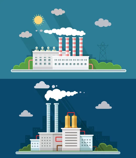Definir vetor digital ícones de poluição da fábrica azul com desenhado linha simples arte info gráfico, apresentação com planta, fumaça, ambiente e elementos de energia em torno de modelo promocional, ilustração estilo plano —  Vetores de Stock