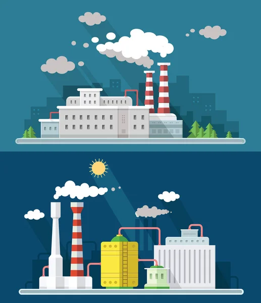 Set vecteur numérique bleu usine pollution icônes avec dessin simple ligne art info graphique, présentation avec plante, fumée, environnement et éléments d'énergie autour du modèle promo, illustration de style plat — Image vectorielle