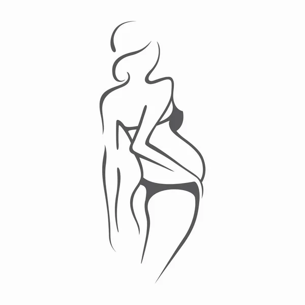 Zeichnung linear schöne schwangere Mädchen in dunklen Kleidern. Geburt eines Kindes. Vektor grafische Illustration, zeichnen Schwarz-Weiß-Silhouette für das Design. — Stockvektor