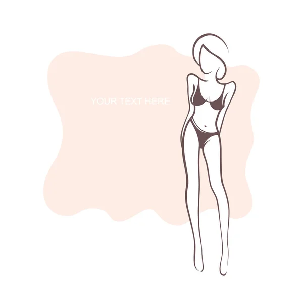 Mooi sexy meisje in bikini. Strand badpak, intieme ondergoed, BH, slipje. Mode en beauty voor vrouwen. Vectorillustratie, de vorm voor de tekst. Flyer, banner, poster voor ontwerp — Stockvector