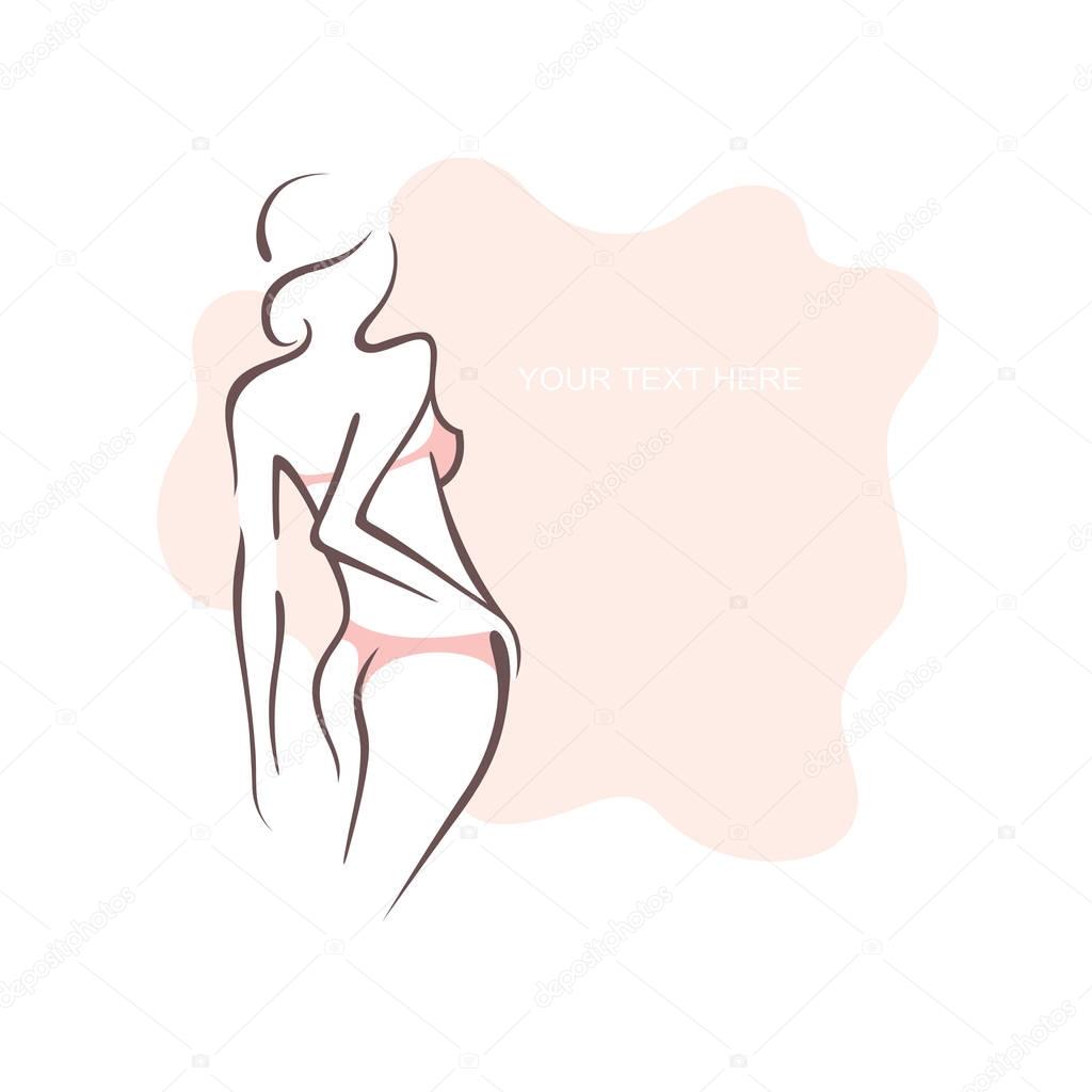 Beautiful sexy girl in bikini. Beach swimsuit, intimate underwear, bra, panties. Fashion and beauty of women. Vector illustration, the form for the text. Flyer, banner, poster for design