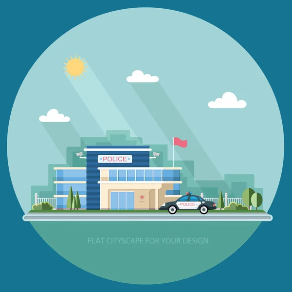 City police station department building in landscape with policeman and car in Graphic flat style isolated on white background. Vector icon for design — Stock Vector