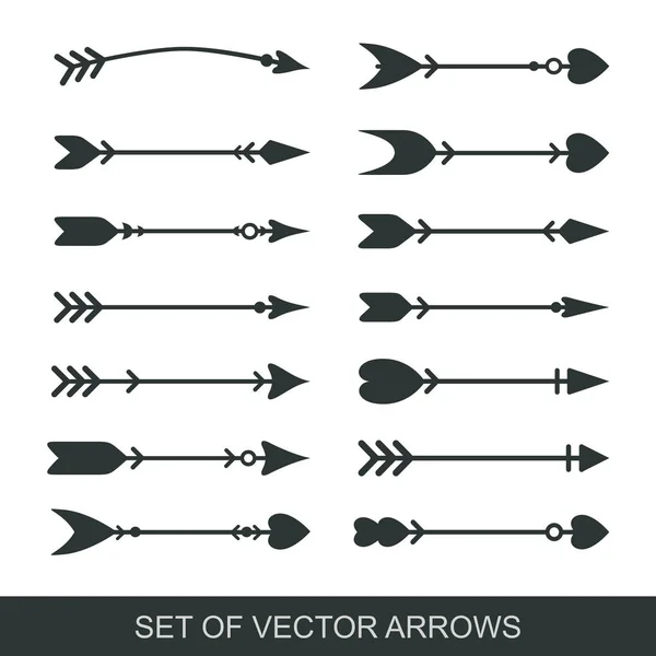 Set of black hand drawn arrows for bow. Hipster ethnic vector elements. arrow cupid with a heart. Illustrations for Web Design — Stock Vector